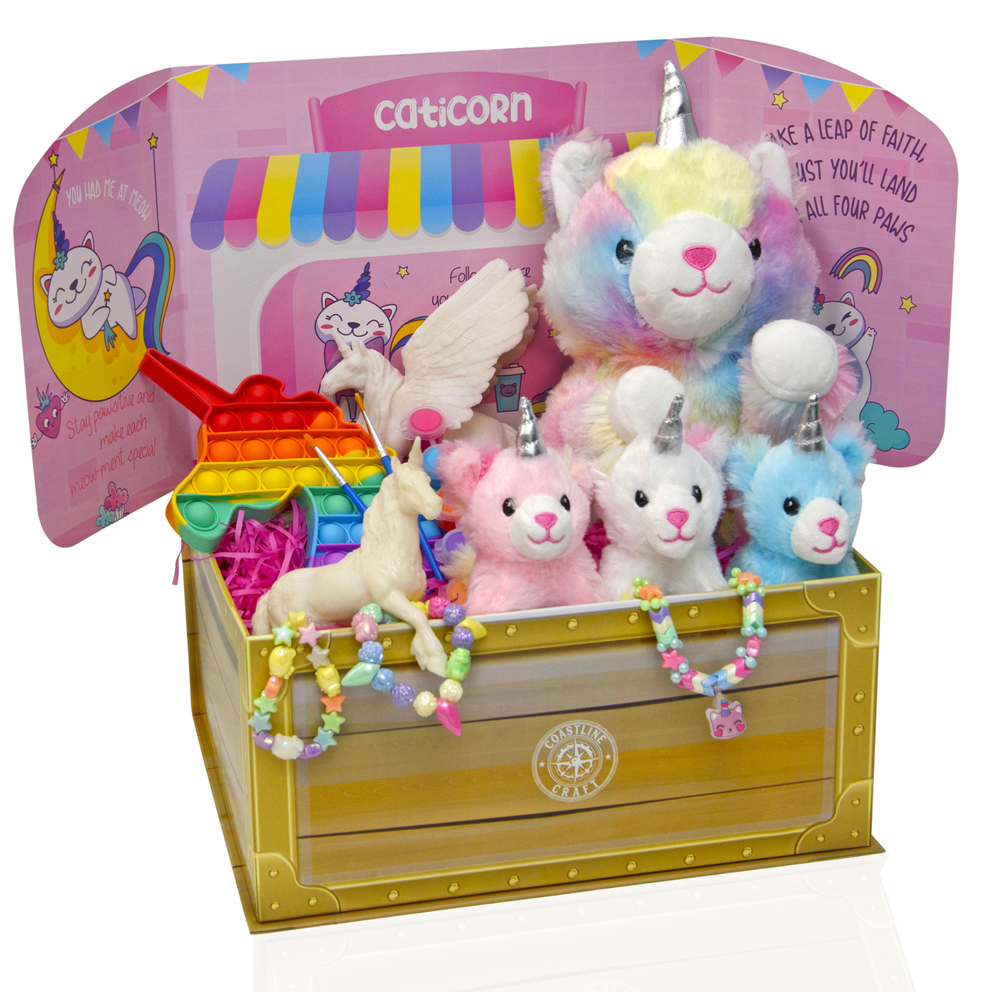 Caticorn Giftset - Cat Unicorn Gifts for Girls in a Keepsake Surprise Box-A Showcase Gift w/ Kittycorn Unicorn Crafts & Kitty Toys for Girls-4 Cat Stuffed Animals, Unicorn Painting, Jewelry Kit & More