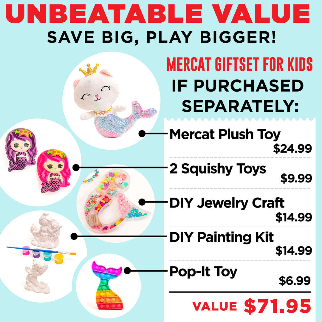 STEM-CERTIFIED COASTLINE CRAFT Mermaid Gift Set for Girls - Soft Mercat Plush Toy with Painting Kit, Mermaid Squishy, Pop it Toy & More Screen-Free Play!