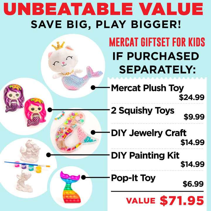 STEM-CERTIFIED COASTLINE CRAFT Mermaid Gift Set for Girls - Soft Mercat Plush Toy with Painting Kit, Mermaid Squishy, Pop it Toy & More Screen-Free Play!
