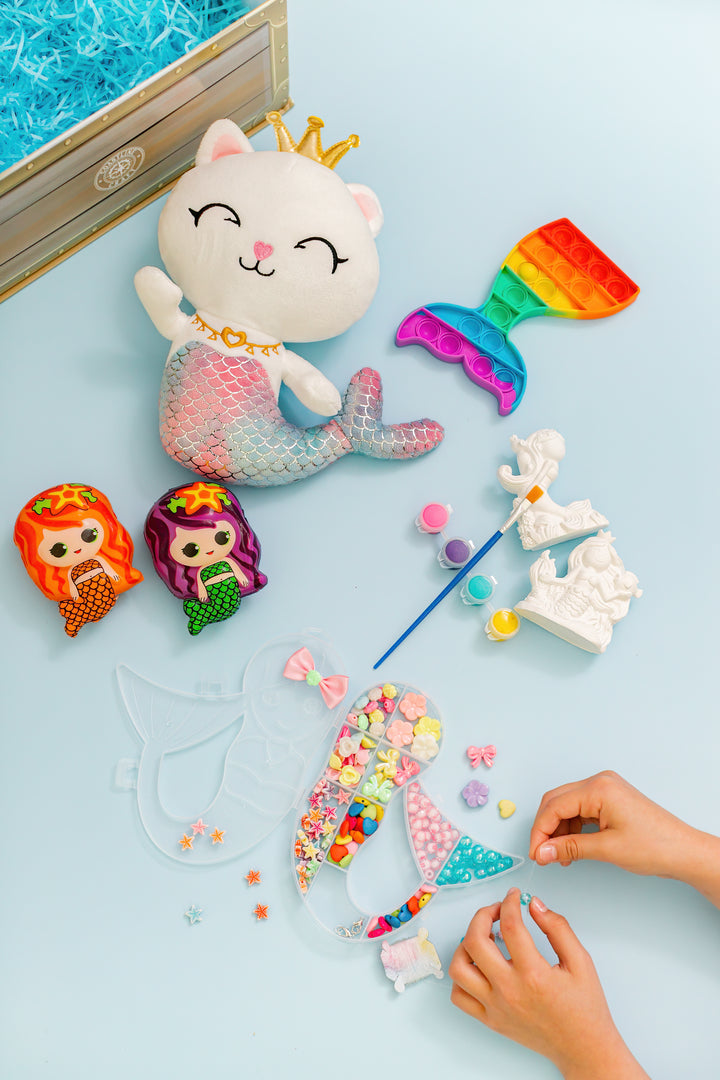 STEM-CERTIFIED COASTLINE CRAFT Mermaid Gift Set for Girls - Soft Mercat Plush Toy with Painting Kit, Mermaid Squishy, Pop it Toy & More Screen-Free Play!