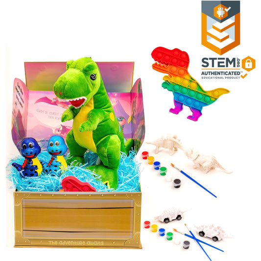 STEM-Accredited Dinosaur Giftset - A Surprise Gift for Boys Complete w/T-Rex Dinosaur Plush, Dinosaur Pullback Cars, Dinosaur Painting Kit, Squishies, Pop It & More