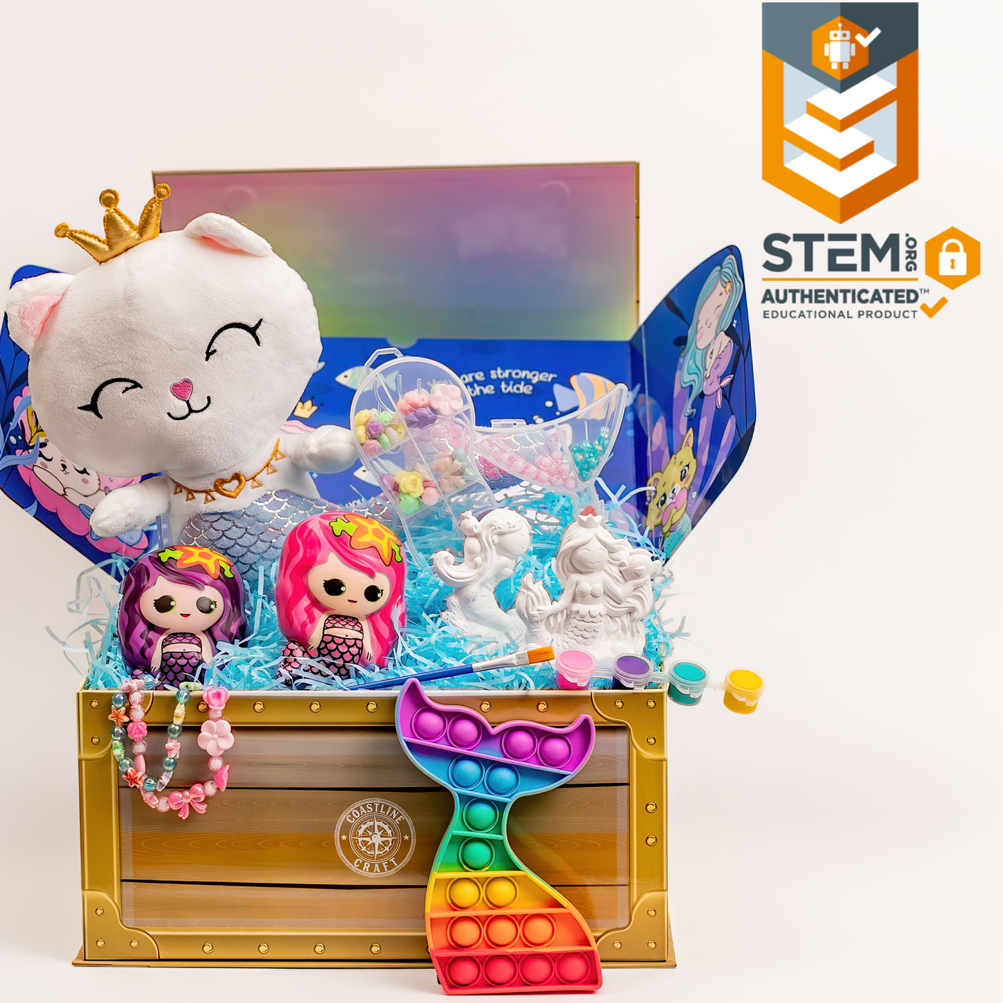 STEM-CERTIFIED COASTLINE CRAFT Mermaid Gift Set for Girls - Soft Mercat Plush Toy with Painting Kit, Mermaid Squishy, Pop it Toy & More Screen-Free Play!