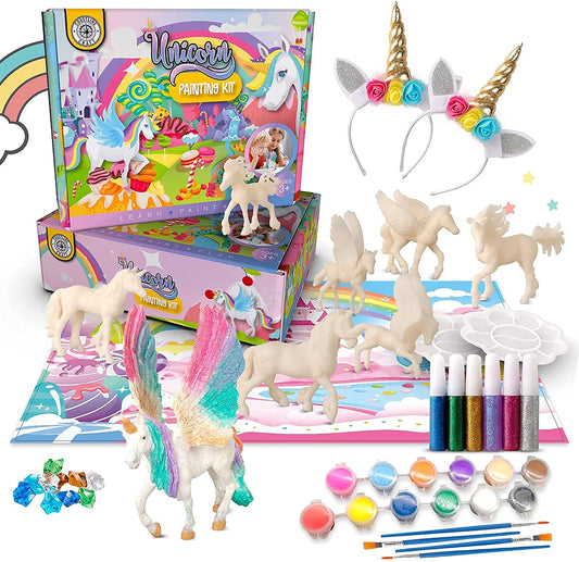 STEM-Accredited Unicorn Painting Kit for Kids - Paint Your Own Unicorn Craft Kit Toys w 2 Unicorn Headbands, Pegasus, Alicorn & Paint Sets for Kids Ages 4-8 - Unicorns Gifts for Girls
